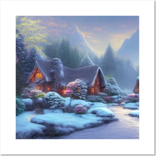 Magical Fantasy House with Lights in a Snowy Scene, Fantasy Cottagecore artwork Posters and Art